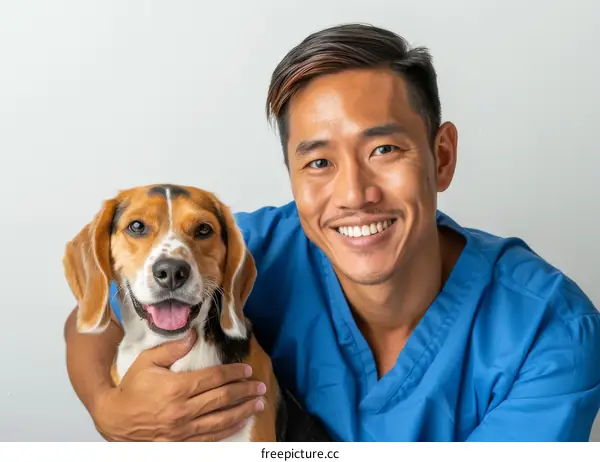 Asian male veterinarian smiling with a beagle