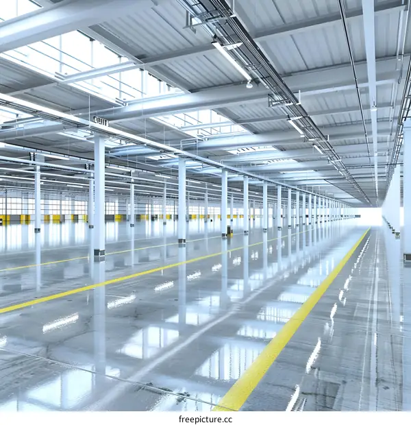 Empty Warehouse Interior Design with White Walls and Yellow Lines on Floor