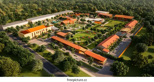 Aerial View of a Resort Development with Green Grass and Trees
