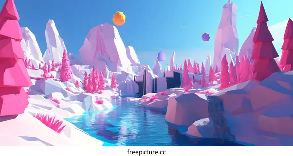 Low Poly Pink Mountains and Blue River Landscape