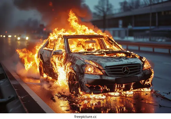 A Mercedes-Benz car is on fire on a city street.