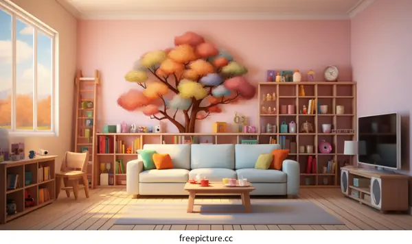 Colorful Playroom with Rainbow Tree and Cozy Couch