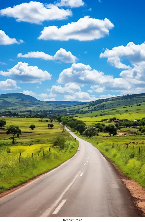 Idyllic Country Road with Green Fields and Blue Sky