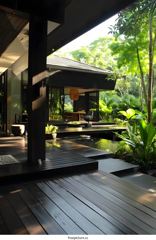 Modern Minimalist Patio Design With Water Feature And Greenery