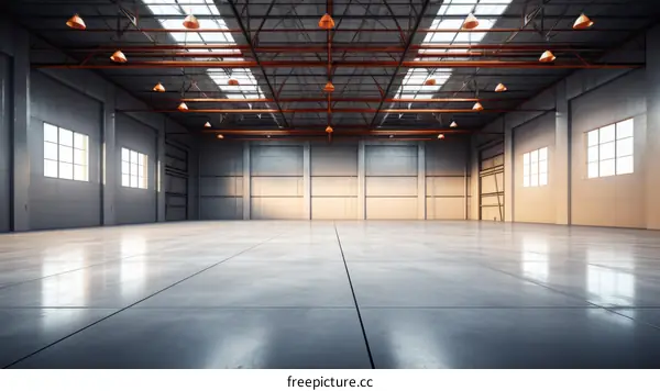 Large Empty Warehouse Interior with Concrete Floor and Windows