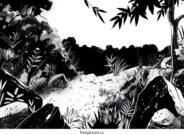 Black and White Illustration of a Jungle Scene