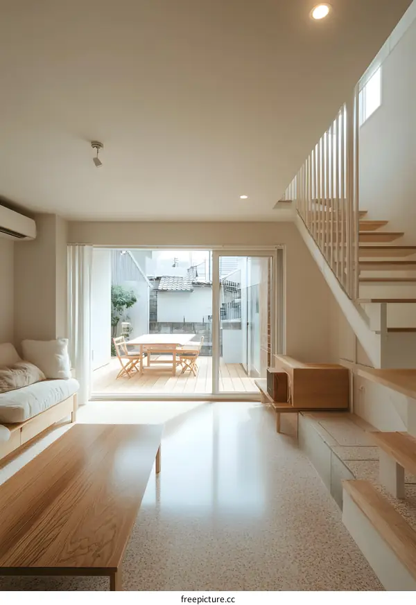 Modern Minimalist Living Room with Sliding Glass Doors to Outdoor Patio