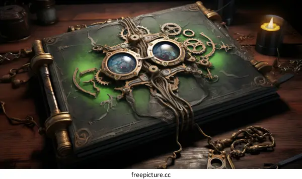 An illustration of aampunk book with glowing green eyes