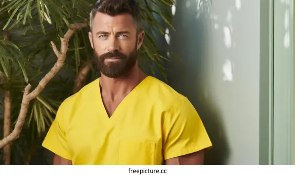 Portrait of a male doctor wearing yellow scrubs