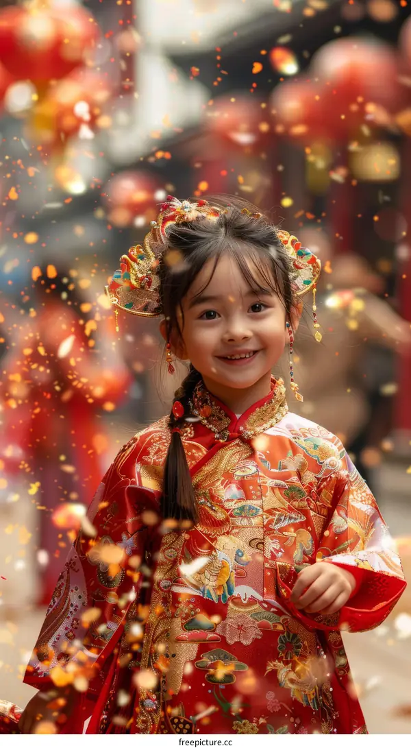 A smiling Chinese girl in traditional Chinese clothing celebrates the Chinese New Year