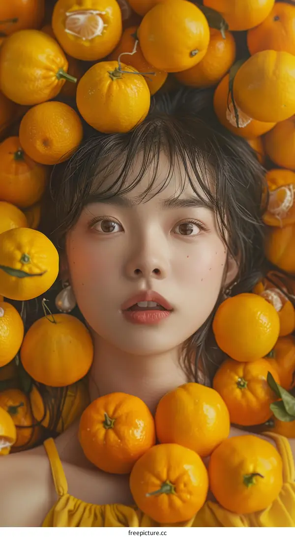 Asian Woman Surrounded by Oranges