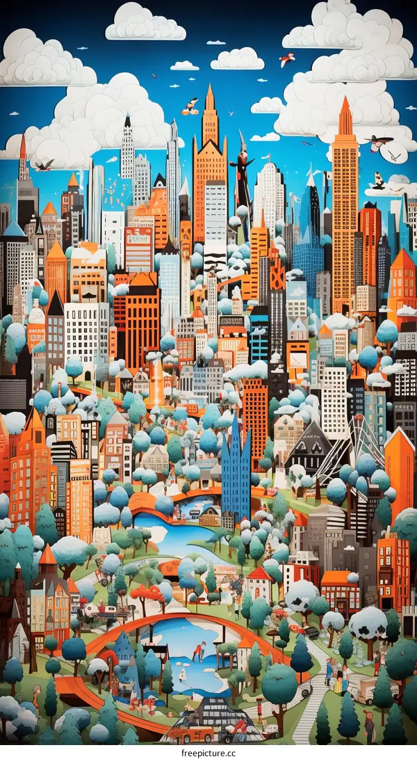 A bustling city with a park and a lake in the center