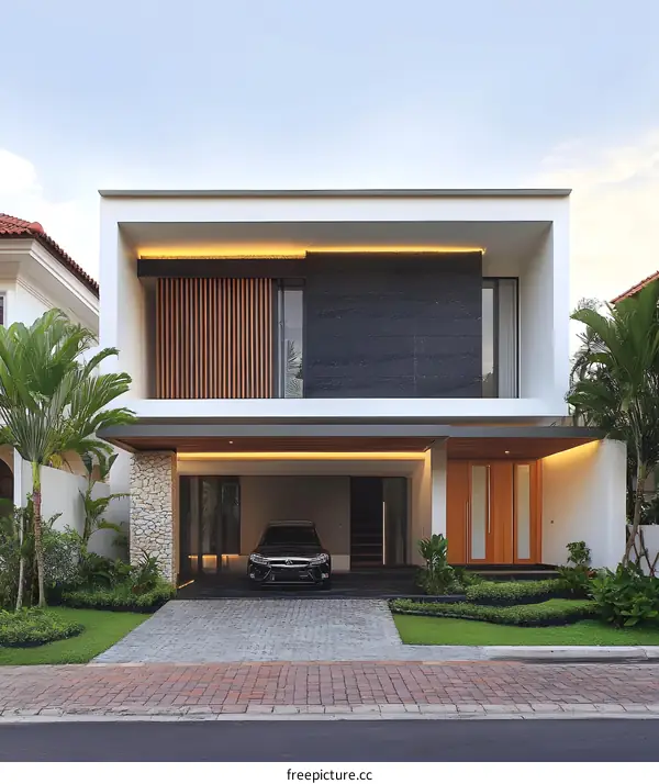 Modern Minimalist House Exterior Design With Black Car And Green Landscaping