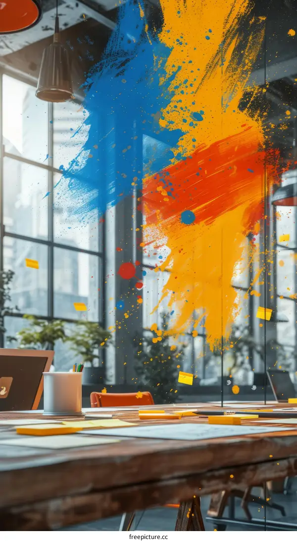 Abstract Colorful Paint Explosion in Office Environment