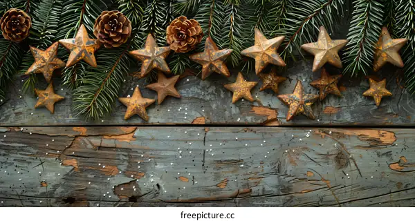 Rustic Christmas background with fir branches and rusty metal stars