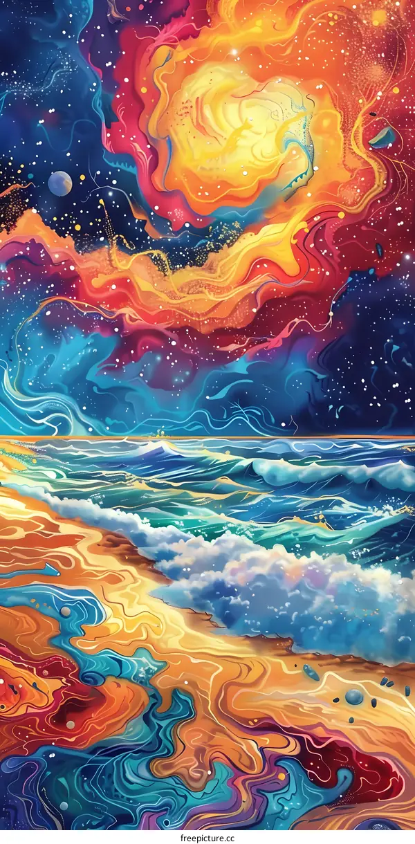 Abstract Psychedelic Ocean Waves with Colorful Galaxy and Stars