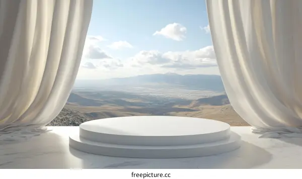 Empty Stage with Majestic Mountain View and Drapery