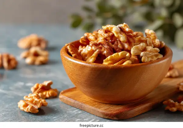 Roasted Walnuts in Wooden Bowl on Marble Surface