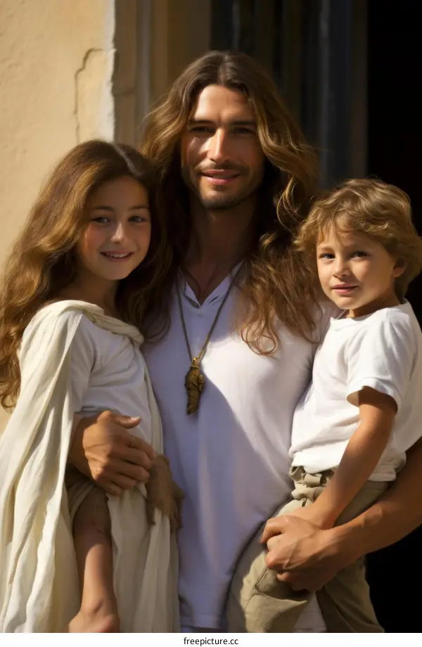 Portrait of a Man with Long Hair and Two Children