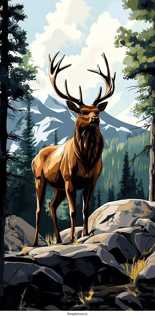 Majestic Elk Standing on Rocks in Mountainous Landscape