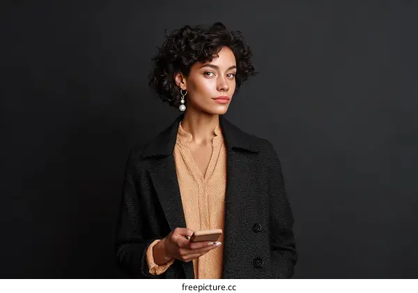 A young woman with curly hair holds a smartphone against black background