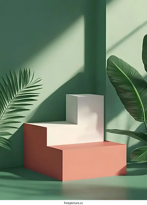 Minimalist Green Background With White And Red Podium