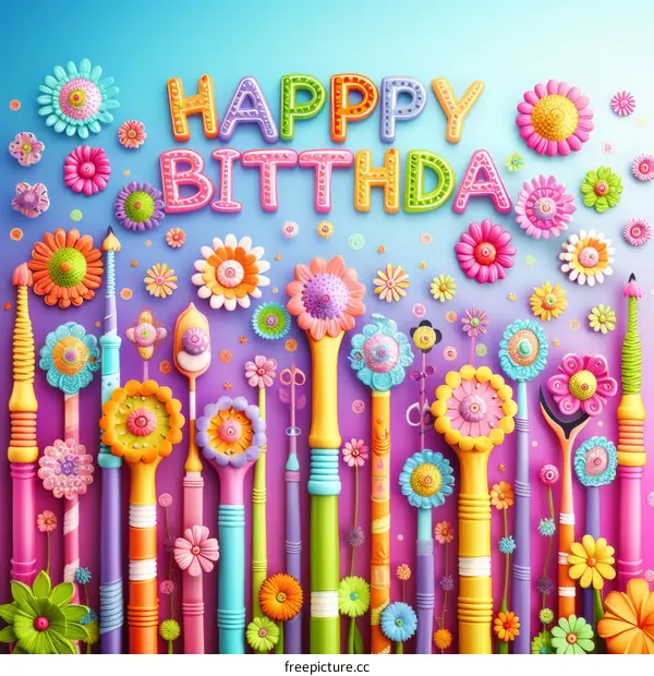 Happy Birthday Greeting Card With Colorful 3D Flowers