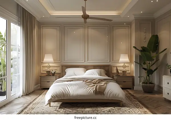 A bedroom with a large bed, a sitting area, and a view of the city.