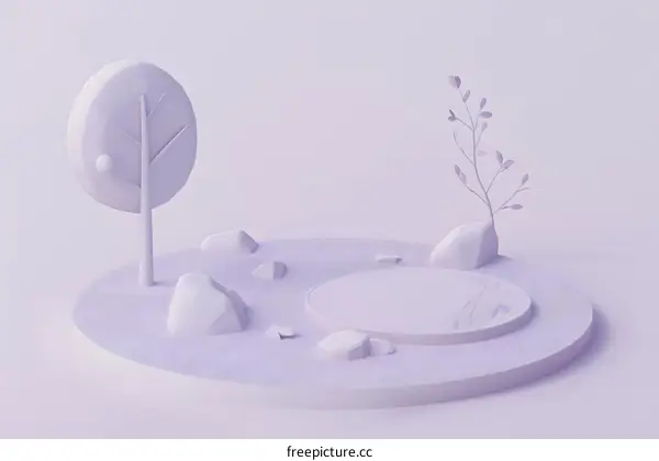 Purple Minimalist 3D Illustration of a Small Garden with a Pond and Two Trees