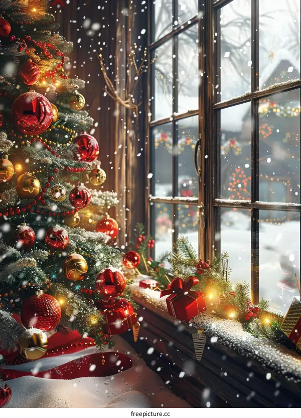 Snowy Christmas Window Scene with Decorated Tree