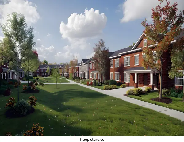 The brick townhouses have white windows and a green lawn in front.