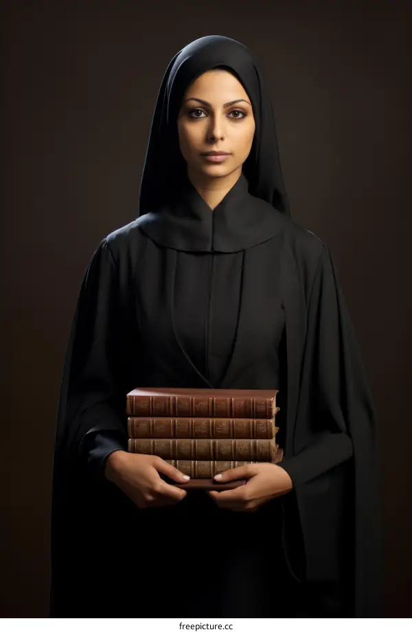 A Muslim woman wearing a hijab reads a book in a library.