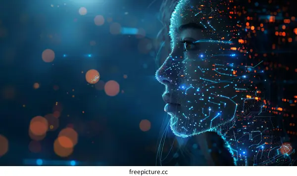 Portrait of a woman made of circuit board and binary code