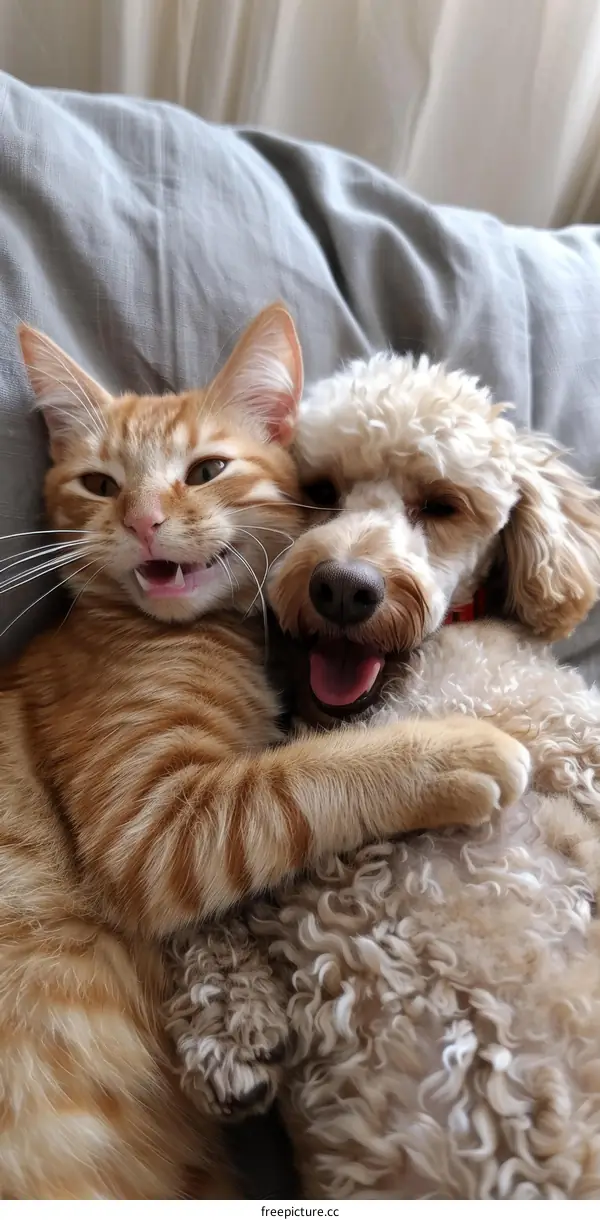 Orange cat and white dog cuddling on a bed