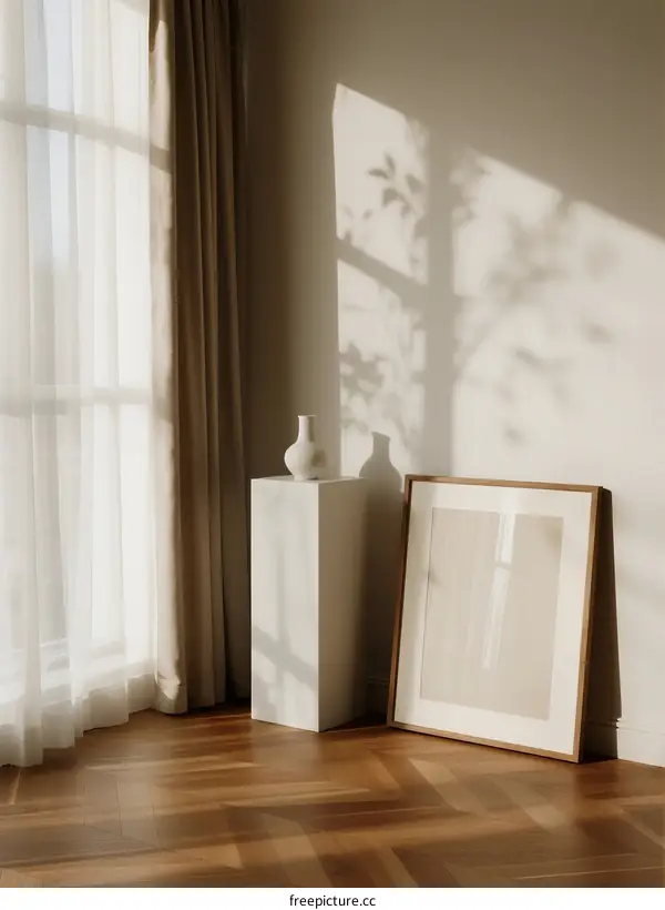Sunlit Room Interior with Wooden Floor and White Decor