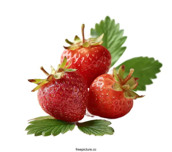 [Transparent Background PNG]Fresh Strawberries with Green Leaves