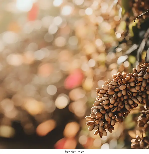Closeup of a Branch of Coffee Beans with a Blurry Background