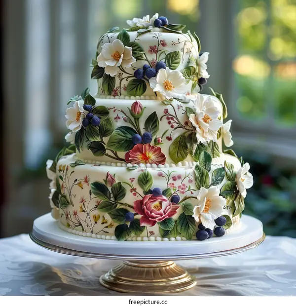 Elegant Three-Tier Wedding Cake with Floral Decorations