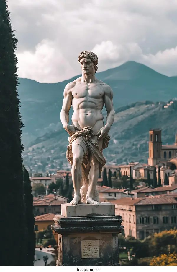 Marble Statue of a Man in Front of a Cityscape