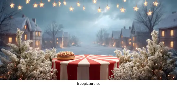 Christmas Snowy Village Scene with Round Table