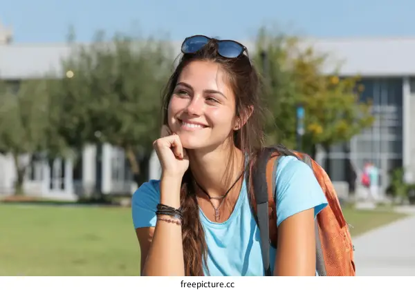 Smiling Caucasian Woman Outdoors on Campus