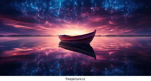 Solitude on the Water: A Lonely Boat Under a Starry Sky