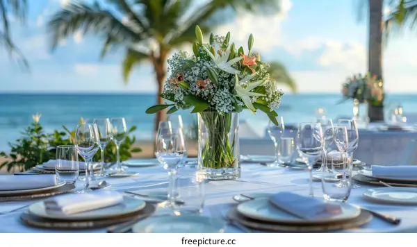 Beachfront wedding reception table decorated with flowers