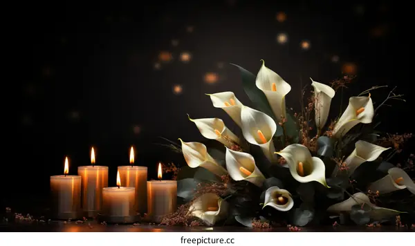 White calla lilies and candles on a black background