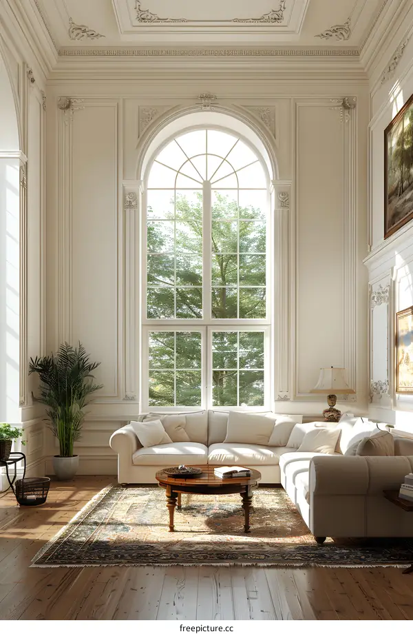 Luxurious living room interior with large windows and a high ceiling