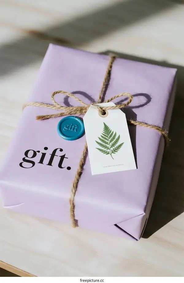 A Purple Gift Box Tied with Rope and a Fern Tag
