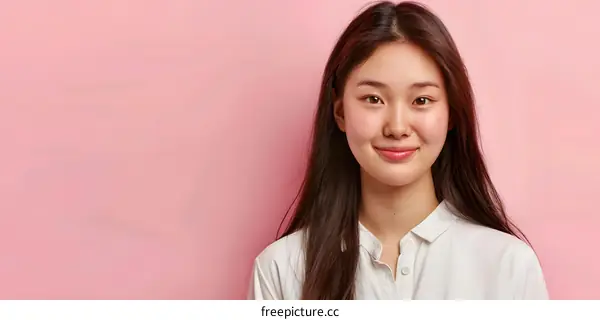 Portrait of a Smiling Asian Woman in White Shirt Against Pink Background
