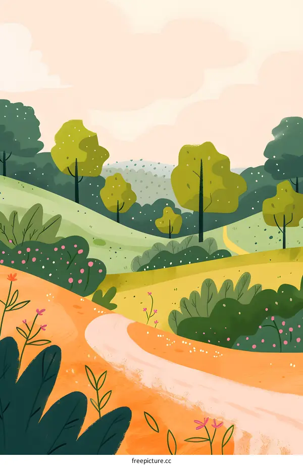 Illustrated Spring Landscape with Winding Path and Lush Greenery