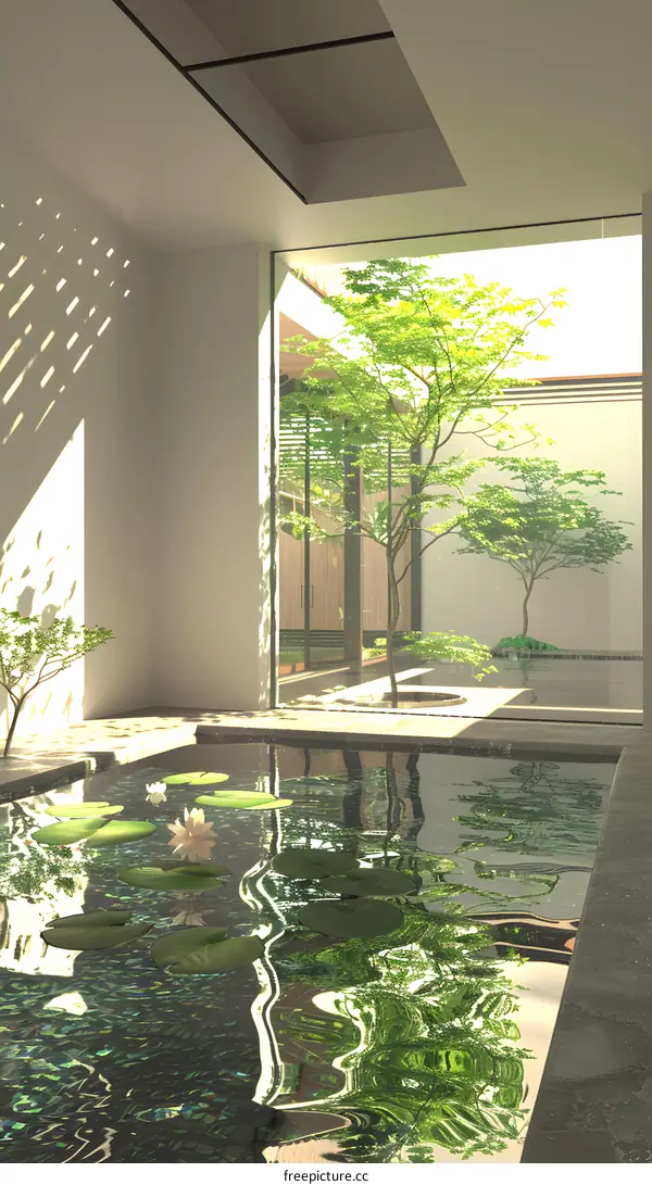 Modern Minimalist Interior Design With Water Feature And Garden View