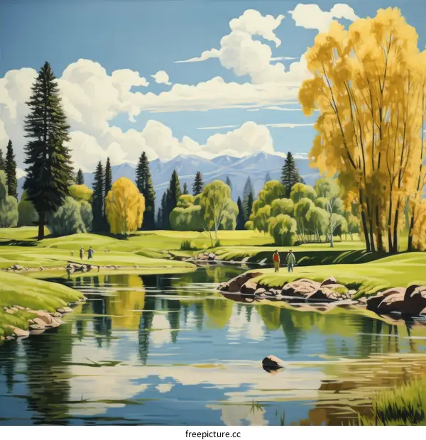 A group of golfers playing golf in a beautiful landscape with mountains and a river